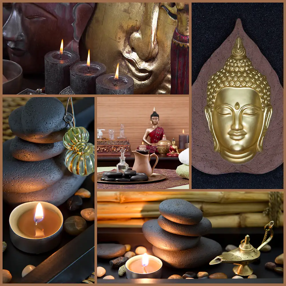 Asiatische Spa Dekoration mit Buddha in Braun und Schwarz